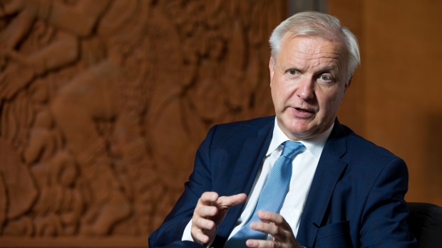 Olli Rehn, governor of the Bank of Finland, speaks during an interview on the sidelines at the IMF and World Bank Group Annual Meetings in Nusa Dua, Bali, Indonesia, on Sunday, Oct. 14, 2018. Convergence to sustainable price stability in the euro area “requires significant monetary stimulus” and this calls for “prudence and for a gradual approach to monetary policy normalization,” Rehn said during a panel discussion at the forum. 