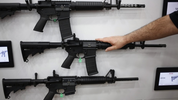 AR-15 rifles are displayed on the exhibit floor during the National Rifle Association (NRA) annual meeting in Louisville, Kentucky, U.S. 
