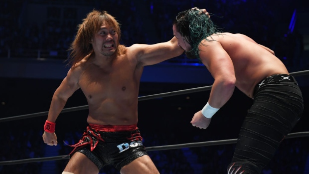 Tetsuya Naito and Jay White compete in the bout during the New Japan Pro-Wrestling G1 Climax 29 in Tokyo, on Aug. 11.