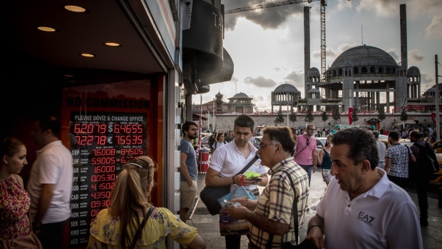 ISTANBUL, TURKEY - AUGUST 29: People wait to change money at a currency exchange office in front of the underconstruction, Taksim Square Mosque on August 29, 2018 in Istanbul, Turkey. Turkey's lira extended its slump to a third day to 6.45 against the dollar after the central bank announced it would alter Turkish banks borrowing limits on overnight transactions, the move failed to reassure investors and combined with the decision by ratings agency Moody's to downgrade the credit rating of twenty Turkish financial institutions saw the lira continue to slide. (Photo by Chris McGrath/Getty Images) 