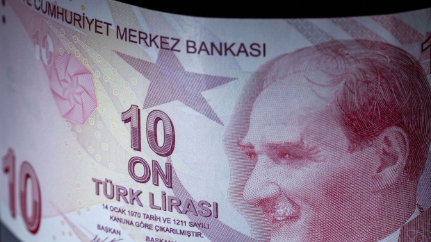 A 10 Turkish Lira banknote sits in this arranged photograph in London, U.K., on Wednesday, Aug. 15, 2018. Turkey took its boldest steps yet to try to ward off a financial crisis by making it harder for traders to bet against the battered lira and easing rules on restructuring troubled loans that have already topped $20 billion. 