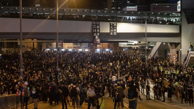 Demonstrators gather during a protest in the Admiralty district of Hong Kong on Aug.18, 2019. 