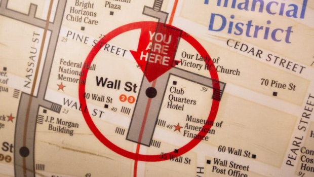 A map of the Financial District is displayed inside the Wall Street subway station near the New York Stock Exchange (NYSE) in New York, U.S., on Friday, May 4, 2018. U.S. stocks recovered from early-session losses after testing a key technical level, as investors weighed an April U.S. jobs report that showed an 18-year low in the unemployment rate. 