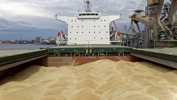 Wheat grain for export sits in the hold of a cargo ship during loading at Nikolaev port in Nikolaev, Ukraine. 