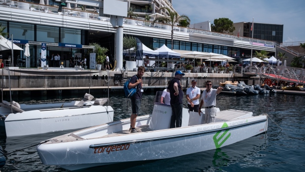 A Deep Blue 80 electric outboard motor, manufactured by Torqueedo GmbH, powers a ZenPro 580 electric semi-rigid boat during the Monaco Yacht Club (MYC) Solar & Energy Boat Challenge in Port Hercules, Monaco, on Thursday, 4 July, 2019. Photographer: Balint Porneczi/Bloomberg