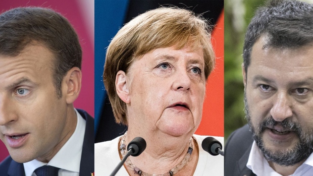 Emmanuel Macron, Angela Merkel and Matteo Salvini Source: Jasper Juinen/Bloomberg