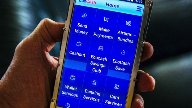 A smartphone screen displays the Econet Wireless Zimbabwe Ltd. EcoCash mobile payment app, in Harare, Zimbabwe. 