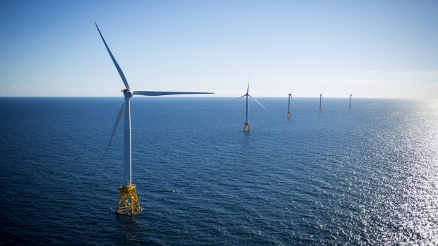 The GE-Alstom Block Island Wind Farm stands in the water off Block Island, Rhode Island, U.S., on Wednesday, Sept, 14, 2016. The installation of five 6-megawatt offshore-wind turbines at the Block Island project gives turbine supplier GE-Alstom first-mover advantage in the U.S. over its rivals Siemens and MHI-Vestas. 