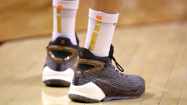 TORONTO, ONTARIO - JUNE 10: A detail view of the Anta KT4 Pro Game 6S worn by Klay Thompson #11 of the Golden State Warriors in the second quarter against the Toronto Raptors during Game Five of the 2019 NBA Finals at Scotiabank Arena on June 10, 2019 in Toronto, Canada. NOTE TO USER: User expressly acknowledges and agrees that, by downloading and or using this photograph, User is consenting to the terms and conditions of the Getty Images License Agreement. (Photo by Gregory Shamus/Getty Images)