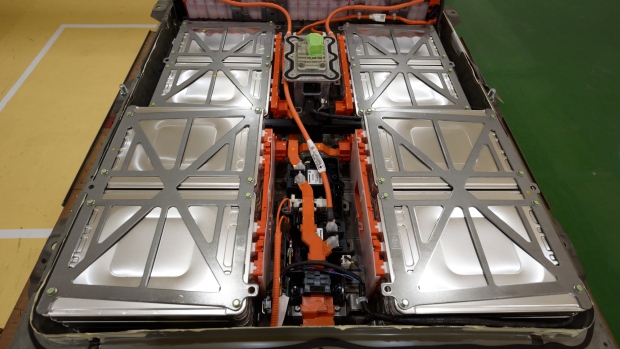 A used lithium-ion electric vehicle battery sits at the 4R Energy Corp. Namie factory in Namie Town, Fukushima Prefecture, Japan, on Monday, Mar. 26, 2018. 4R Energy, a joint venture between Nissan Motor Co. and Sumitomo Corp., has opened the Japan's first plant specializing in recycling of lithium-ion batteries from electric vehicles. Photographer: Akio Kon/Bloomberg