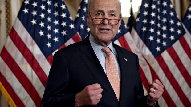 Senate Minority Leader Chuck Schumer, a Democrat from New York, speaks before H.R. 3877, the Bipartisan Budget Act of 2019, is signed at the U.S. Capitol in Washington, D.C., U.S., on Thursday, Aug. 1, 2019. The Senate sent President Donald Trump legislation to extend the debt limit and allow more government spending until after next year's election, a bipartisan deal that drew opposition from some who expressed concern about the deficit. Photographer: Andrew Harrer/Bloomberg 