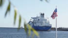 The U.S. national flag flies as the liquefied natural gas (LNG) tanker Oak Spirit, 