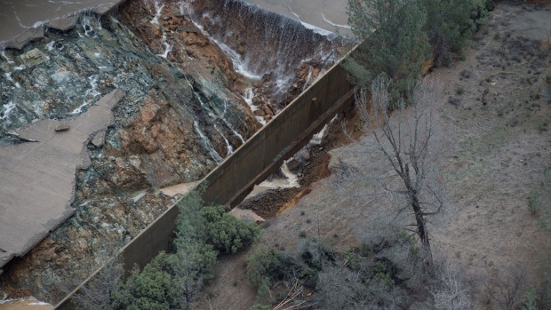 OROVILLE, CA - FEBRUARY 7: In this handout provided by the California Department of Water Resources (pixel.water.ca.gov), The California Department of Water Resources has suspended flows from the Oroville Dam spillway after a concrete section eroded on the middle section of the spillway February 7, 2017 in Oroville, California. Almost 200,000 people were ordered to evacuate the northern California town after a hole in an emergency spillway in the Oroville Dam threatened to flood the surrounding area. (Photo by Kelly M. Grow/ California Department of Water Resources via Getty Images)