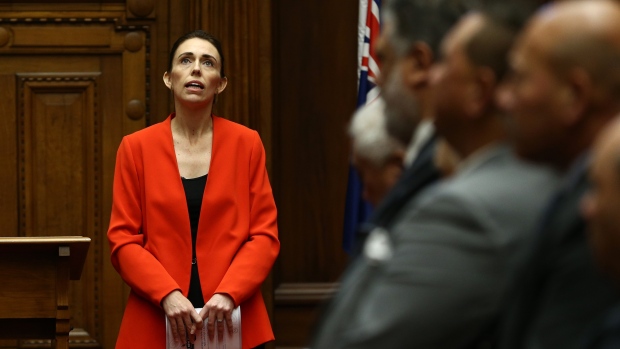 WELLINGTON, NEW ZEALAND - SEPTEMBER 12: Prime Minister Jacinda Ardern looks on during a New Zealand Wars commemorative plaque unveiling at Parliament on September 12, 2019 in Wellington, New Zealand. Prime Minister Jacinda Ardern and Minister of Education Chris Hipkins announced that New Zealand history, including the New Zealand Wars, will be taught in all schools and kura by 2022 as part of the National Curriculum. (Photo by Hagen Hopkins/Getty Images) Photographer: Hagen Hopkins/Getty Images AsiaPac
