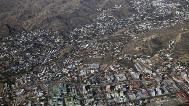 Properties stand on the city skyline seen in this aerial view of the capital city of Windhoek, Namibia, on Wednesday, June 14, 2017.