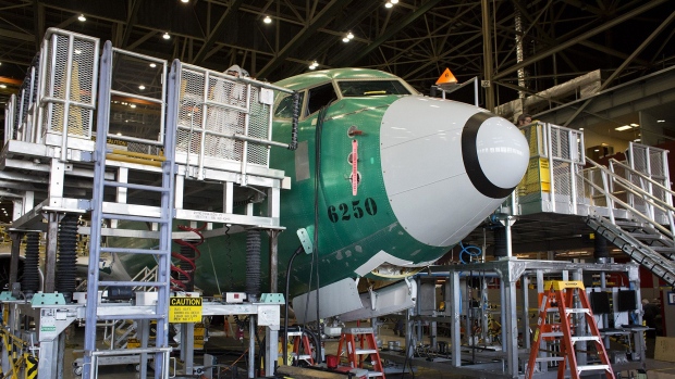 A Boeing Co. 737 MAX 9 jetliner sits on the production floor at the company's manufacturing facility in Renton, Washington, U.S., on Monday, Feb. 13, 2017. Boeing Co. is laying plans to expand the family of 737 Max jetliners with a new version tailor-made for transcontinental flights even as the first of the upgraded single-aisle models nears its market debut. 