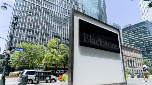 Signage is displayed outside the Blackstone Group Inc. headquarters in New York, U.S., on Saturday, July 13, 2019. The Blackstone Group Inc. is scheduled to release earnings figures on July 18. 