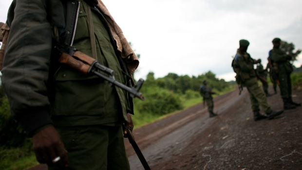 Congolese army soldiers at the frontline, November 12, 2008 in the outskirts of the town of Goma, DR Congo. 