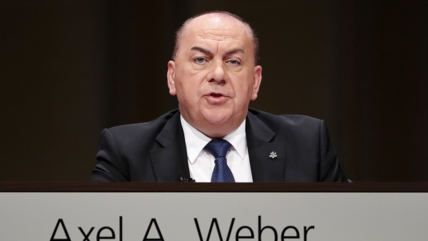 Axel Weber, chairman of UBS Group AG, speaks during the bank's annual general meeting in Basel, Switzerland, on Thursday, May 2, 2019. UBS said earlier this year that it would slow hiring and deepen cost cuts during one of the worst first quarters in recent history, which forced the bank to cut an additional $300 million in costs. 