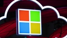 A logo sits on display outside the Microsoft Corp. pavilion at the Mobile World Congress in Barcelona. 