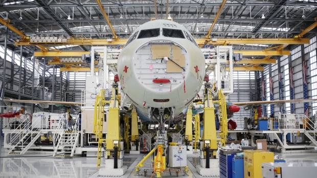 An Airbus SE A321 plane fuselage sits on the production floor at the company's final assembly line facility in Mobile, Alabama, U.S., on Wednesday, July 19, 2017. The U.S. Census Bureau is scheduled to release durable goods figures on August 3. 