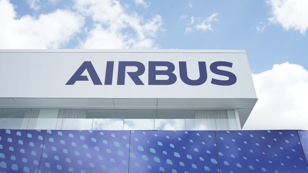 The Airbus SE logo sits on the company's offices ahead of the 53rd International Paris Air Show at Le Bourget in Paris, France, on Sunday, June 16, 2019. The show is the world's largest aviation and space industry exhibition and runs from June 17-23. 