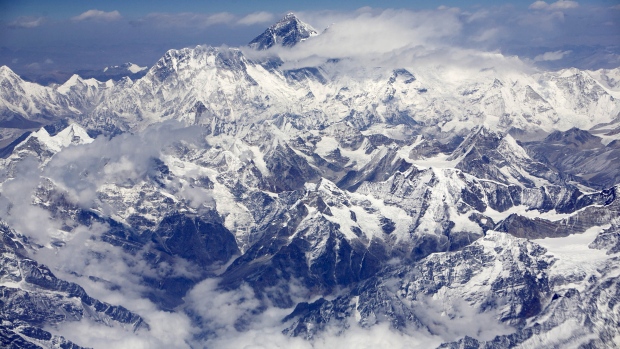 An aerial view shows Mount Everest, also known as the Sagarmatha, on the border between Nepal and Ti