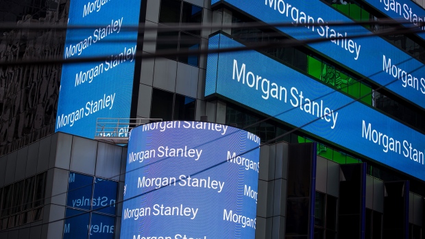 Signage is displayed outside Morgan Stanley & Co. headquarters in the Times Square neighborhood of New York. 