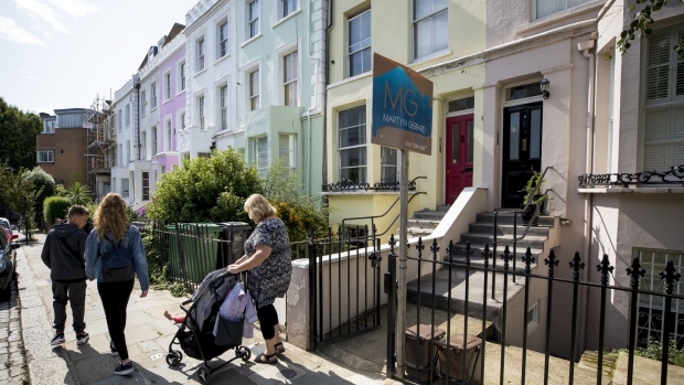 A group of pedestrians pass an estate agent's property for sale board on display outside residential properties in the Camden district of London, U.K. on Monday, Aug. 19, 2016. Asking prices for London homes registered their first annual increase since 2017 this month, as the Brexit-battered market started to show signs of life. 