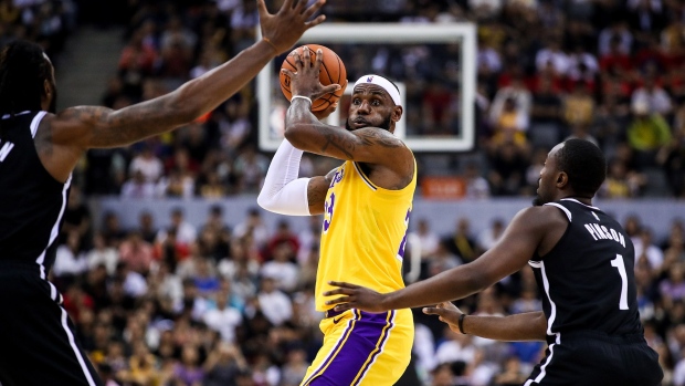 SHENZHEN, CHINA - OCTOBER 12: #23 LeBron James of Los Angeles Lakers drives the ball during NBA China Games 2019 between Los Angeles Lakers and Brooklyn Nets at Shenzhen Universiade Center on October 12, 2019 in Shenzhen, China. NOTE TO USER: User expressly acknowledges and agrees that, by downloading and/or using this photograph, user is consenting to the terms and conditions of the Getty Images License Agreement. (Photo by Zhizhao Wu/Getty Images)