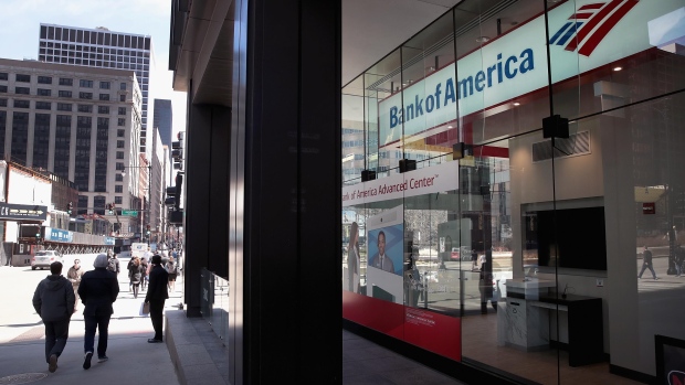 CHICAGO, ILLINOIS - APRIL 09: A sign hangs above the entrance to a Bank of America branch in the Loop on April 09, 2019 in Chicago, Illinois. The banking giant has announced that it will be raising the minimum wage for for its employees to $20-per-hour in increments over the next two years, beginning with a jump to $17-per-hour on May 1. (Photo by Scott Olson/Getty Images)