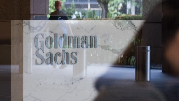 The Goldman Sachs Group Inc. logo is displayed in the reception area of the One Raffles Link building, which houses one of the Goldman Sachs (Singapore) Pte offices, in Singapore. 