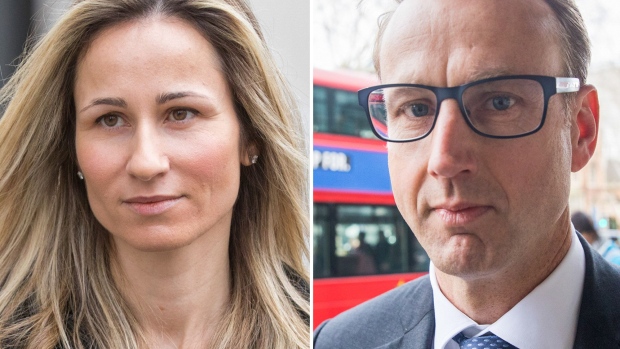 A combination photograph shows Detelina Subeva, left, a former vice president in the global financing unit at Credit Suisse Group AG, and Andrew Pearse, right, former managing director at Credit Suisse Group AG, outside Westminster Magistrates Court in London, U.K., on Friday, March 8, 2019.
