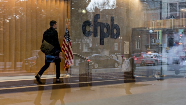Signage is displayed inside the Consumer Financial Protection Bureau (CFPB) headquarters in Washington, D.C. 