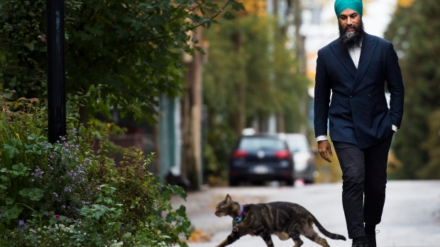 NDP leader Jagmeet Singh walks as a cats crosses by during a campaign stop in Vancouver, B.C., Octob