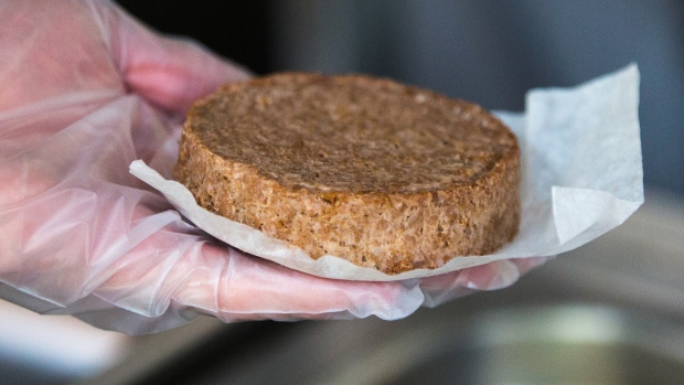 An uncooked Beyond Meat Inc. plant-based burger patty in the kitchen inside a TGI Friday's