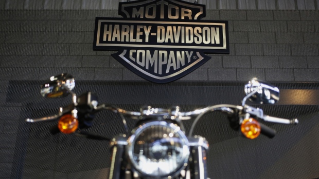 A motorcycle sits inside the tour center at the Harley-Davidson Vehicle and Powertrain Operations factory in Kansas City, Missouri, U.S.