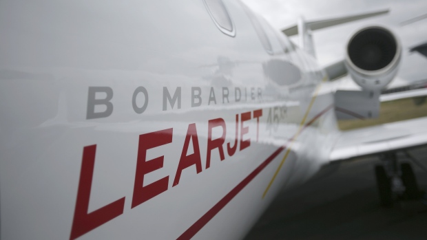 A logo sits on the side of a Learjet 45XR aircraft, manufactured by Bombardier Inc., on the second d