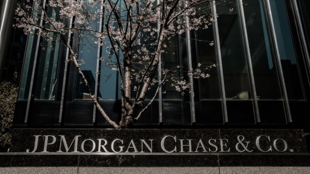 Signage is displayed outside a JPMorgan Chase & Co. office building in New York, U.S., on Wednesday, April 11, 2018. JPMorgan Chase & Co. is scheduled to release earnings figures on April 13. 