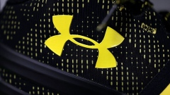 The Under Armour logo is displayed on the new Stephen Curry basketball shoe at T & B Sports on October 22, 2015 in San Rafael, California. 