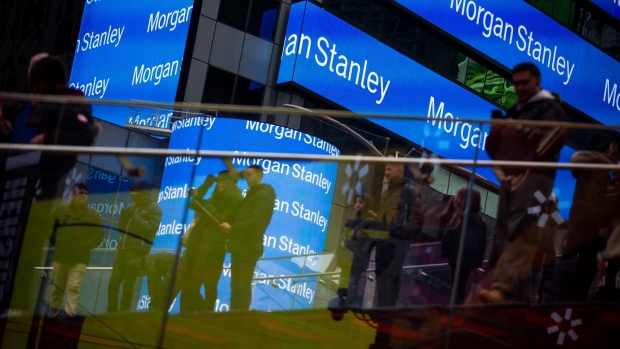 Signage is displayed outside Morgan Stanley & Co. headquarters in the Times Square neighborhood of New York, U.S., on Friday, Feb. 22, 2019. U.S. stocks rose along with Treasuries as investors awaited results from top-level trade talks between America and China. 