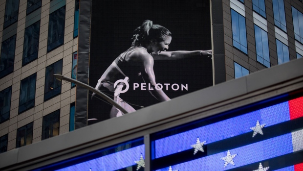 A monitor displays Peloton Interactive Inc. signage during the company's initial public offering (IP