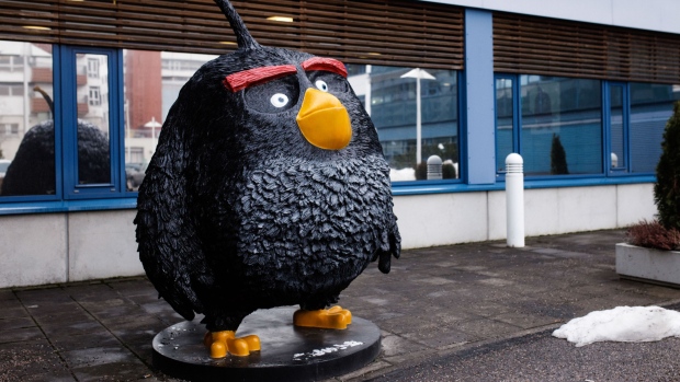 A model of Angry Birds character 'Bomb' sits on display outside the Rovio Entertainment Oy headquart