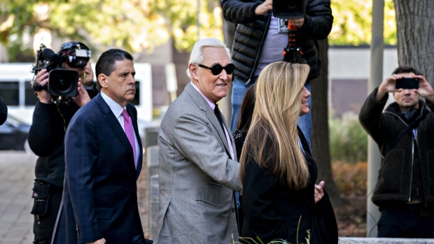 Roger Stone and wife Nydia Stone arrive at federal court in Washington on Nov. 5. 