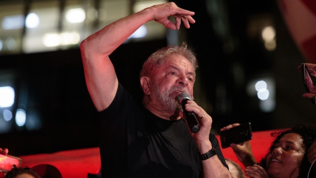 Luiz Inacio Lula da Silva, Brazil's former president, speaks during a protest against the appeals court's decision in Sao Paulo, Brazil. Photographer: Patricia Monteiro/Bloomberg