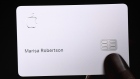 Apple card displayed on screen during an event in Cupertino, California on March 25, 2019. 