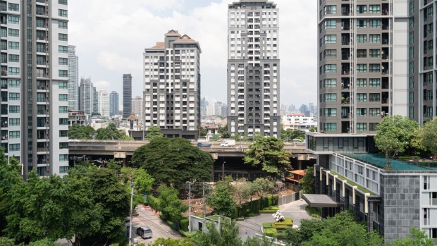 Residential buildings stand at Sansiri Pcl's T77 gated community in Bangkok, Thailand. 