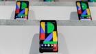 Pixel 4 smartphones are displayed during the Made by Google event in New York, Oct. 15, 2019.