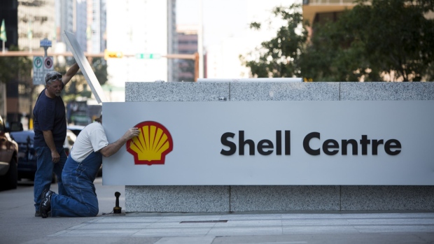 Royal Dutch Shell PLC logo outside Shell Centre in Calgary