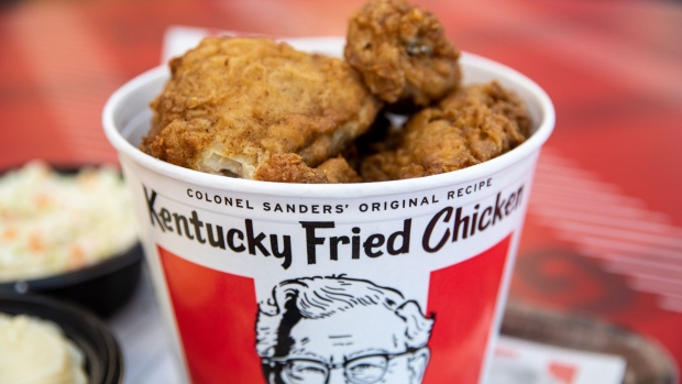 A bucket of fried chicken is arranged for a photograph at a Yum! Brands Inc. Kentucky Fried Chicken (KFC) restaurant in Norwell, Massachusetts, U.S., on Thursday, July 25, 2019. Yum! Brands is scheduled to release earnings figures on August 1. 